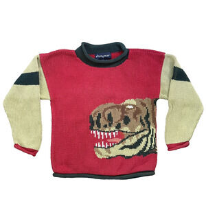 Y2K Molly Goggles Kids Dinosaur Sweater‎ T Rex Graphic Hand Knit Cotton Peru 6